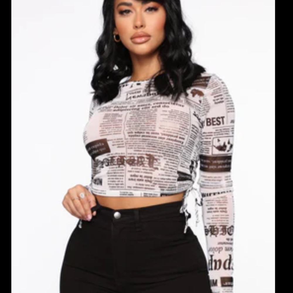 Forever 21 Newspaper Mesh Black and White Ruched Side Top